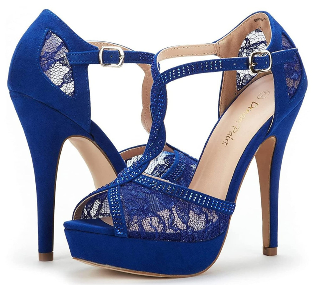 Dream Pairs Women Heels Swan-16 Royal Blue Suede Stilettos Peep Toe Lacy Size 8